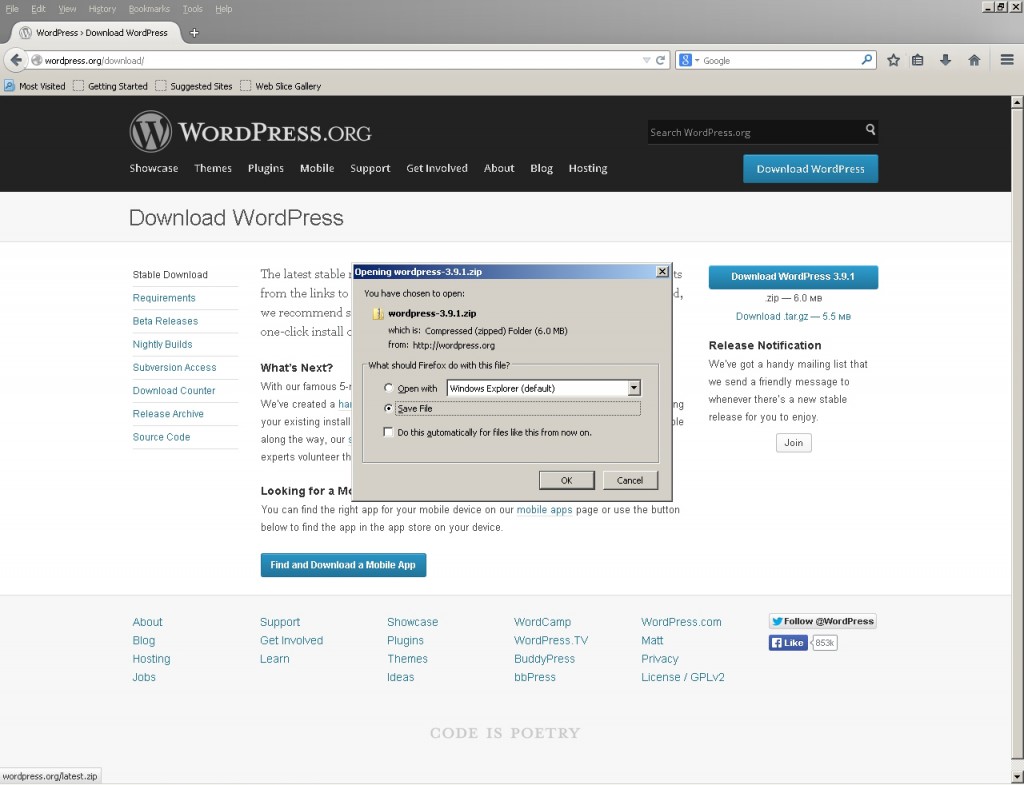 Image of downloading most recent version of WordPress