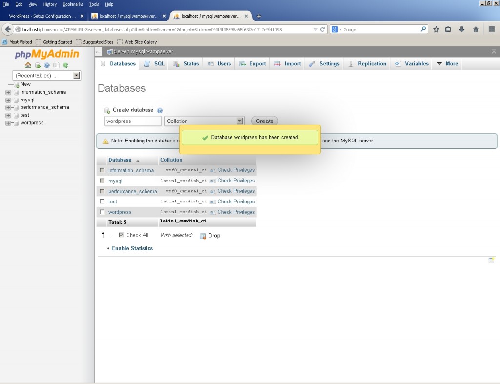 phpmyadmin database has been created screen