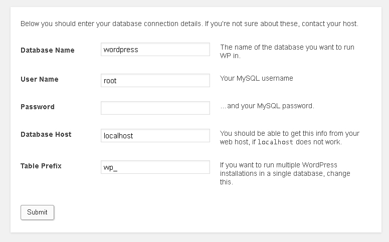 WordPress database connection details page